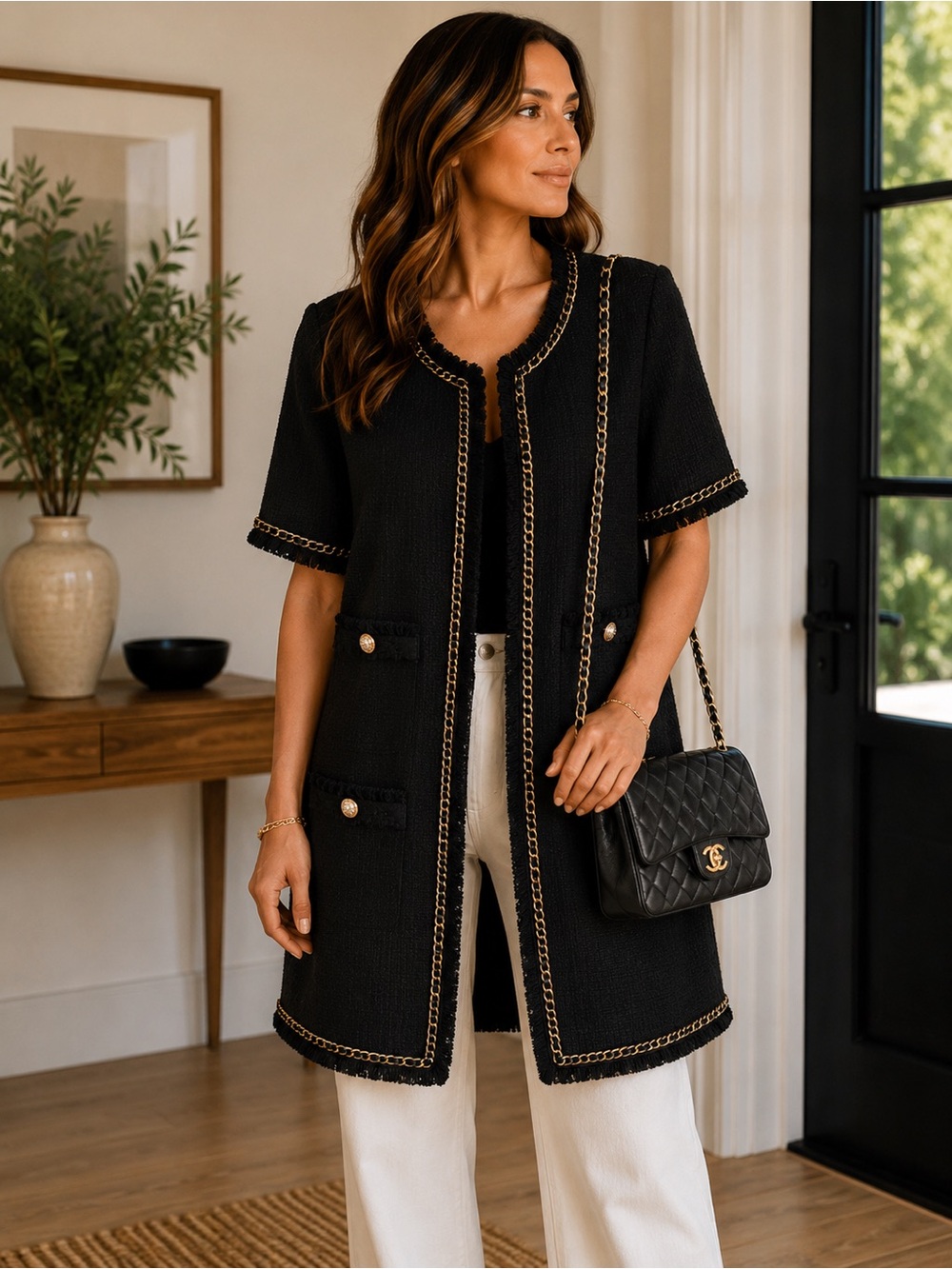 Edward Achour Paris Black Boucle Tweed Gold Chain Fringe Jacket Duster 42